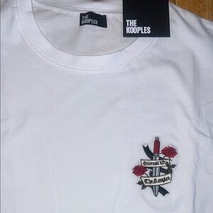 The Kooples White Tee with Red & Black Dagger Rose Embroidery